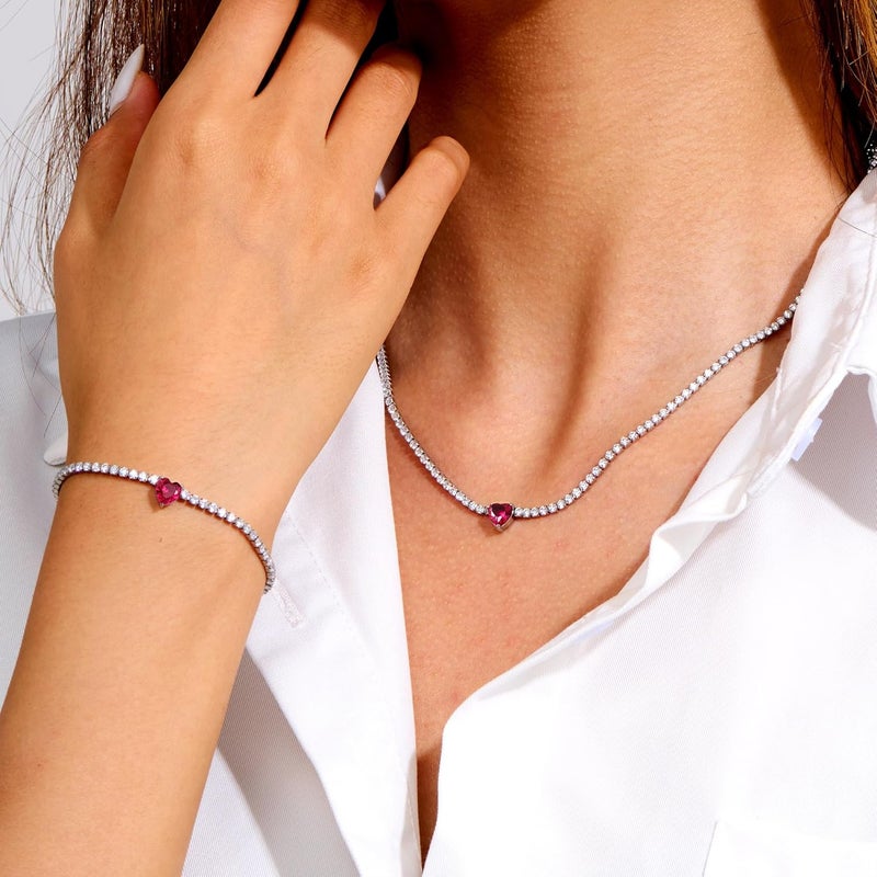 AllenCOCO Sterling Silver Heart Birthstone Bracelet, 14K White Gold Plated, AAAAA+ CZ Cubic Zirconia, Tennis Chain with Heart Charm, Hypoallergenic, Non-Tarnish Jewelry Gift for Women - Image 4
